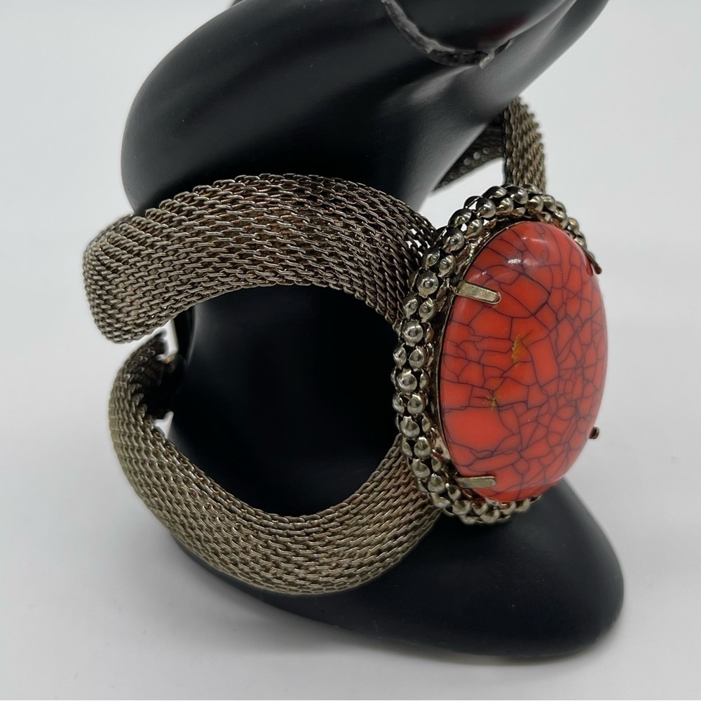 1960s Gold & Silver Tone Mesh with Agate stone Statement Cuff Bracelet
